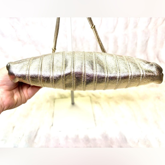 Lauren Merkin Shimmery Gold Clutch with Chain Evening Bag/ Cocktail Party - Picture 5 of 10